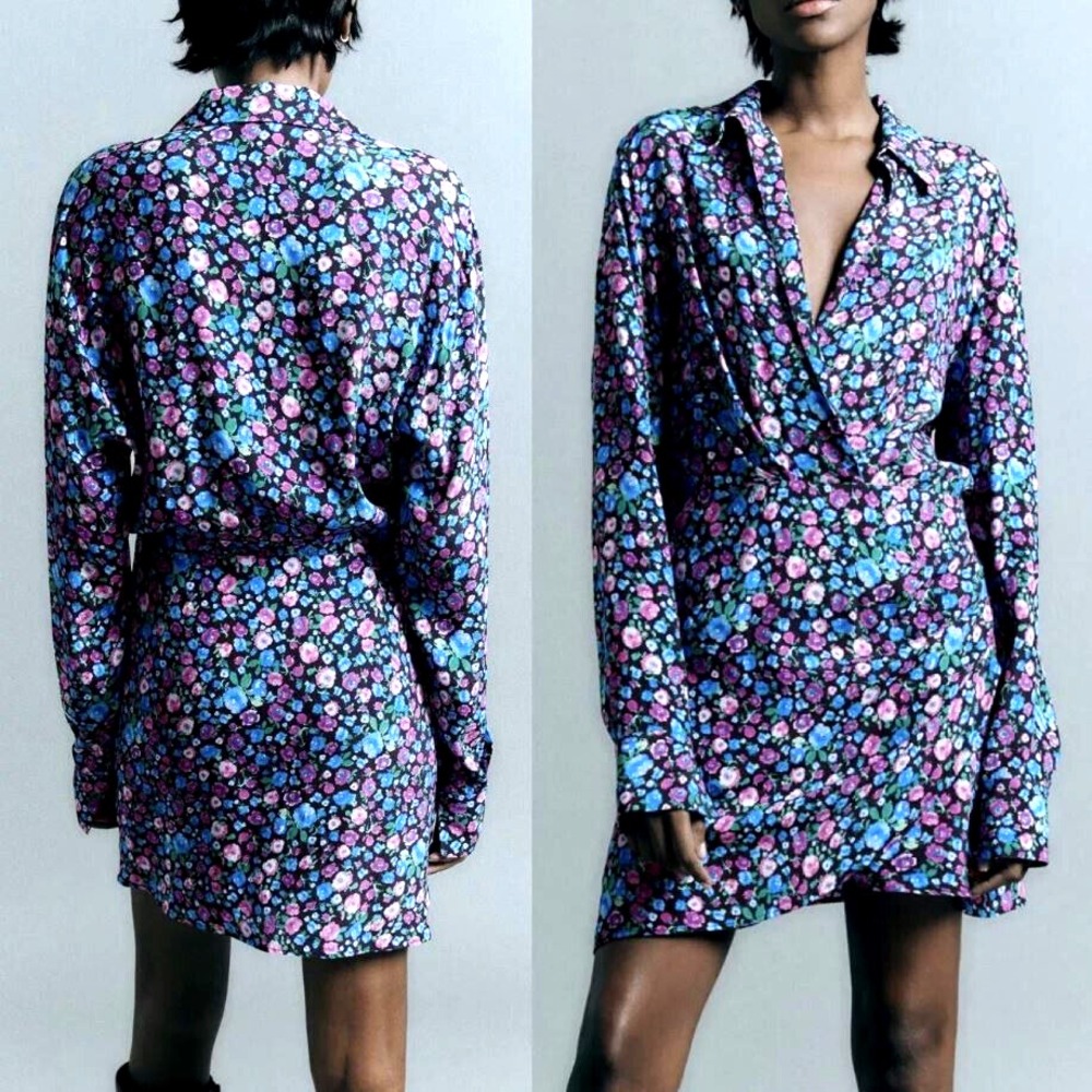 Zara Womens XS Floral Dress Black Collared Long Sleeve 9008/697/050 Short NEW